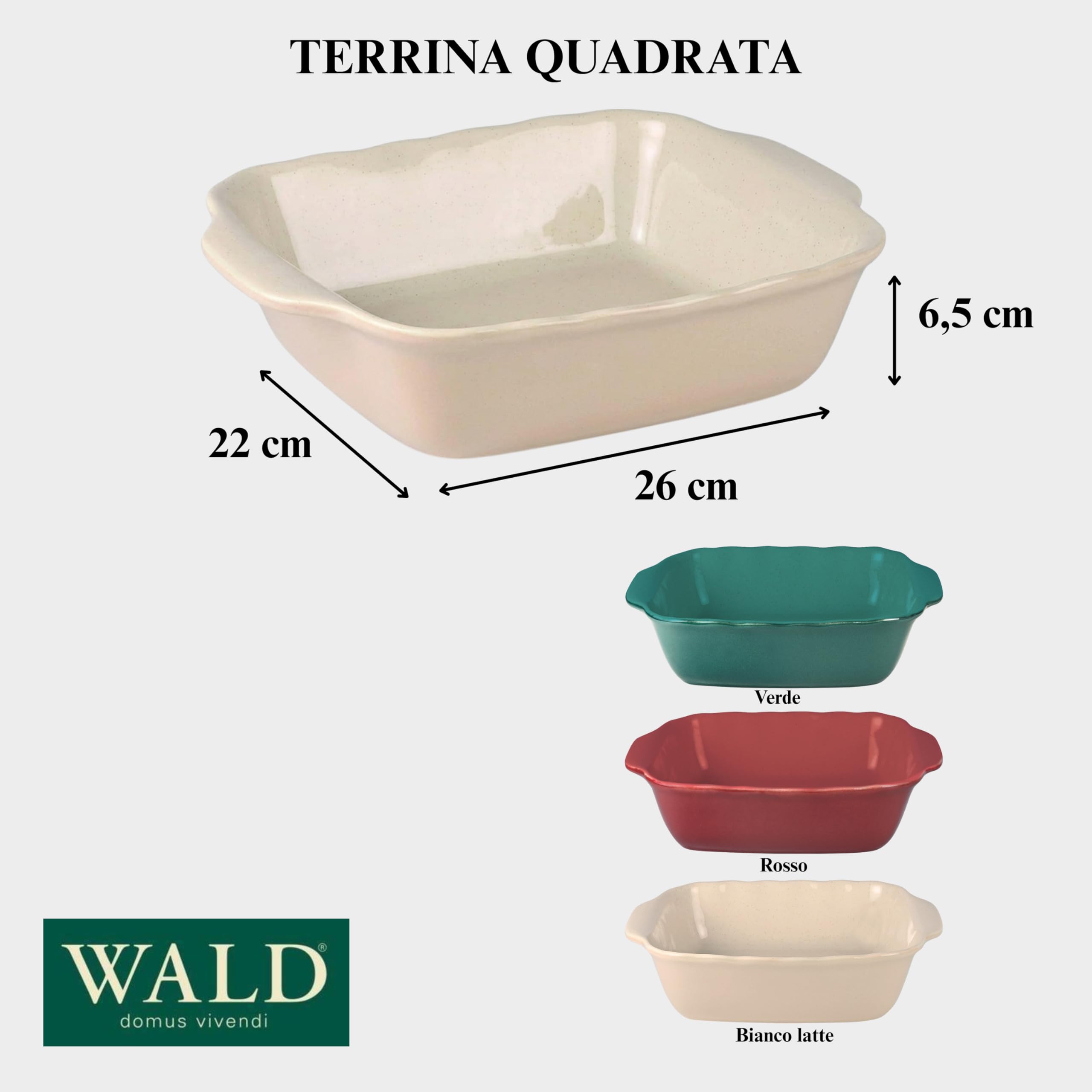 Wald Cottura terrina quadrata ceramica bianca 26 cm forno