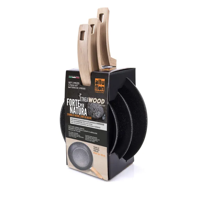 Alluflon Etnea Wood Set 3 Padelle 20-24-28 Antiaderente Pietra