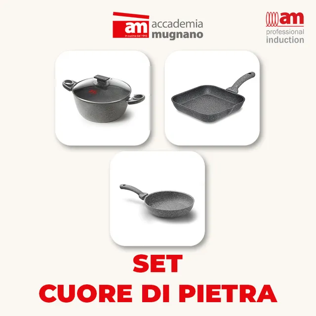 Accademia Mugnano Cuore di Pietra set casseruola padella bistecchiera